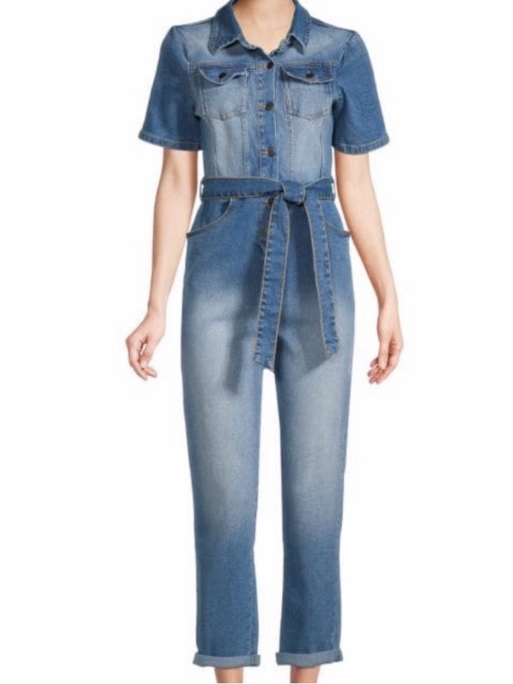 Avec Les Filles Women’s Blue Denim Short-Sleeve Tie-Waist Jumpsuit Size 30